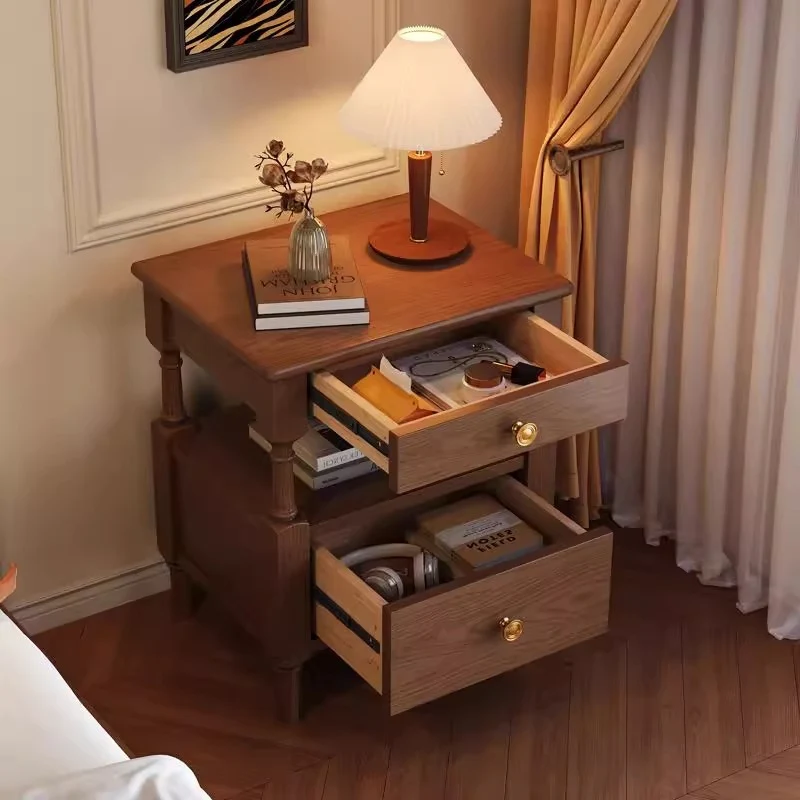 Traditional French Solid Wood Multilayer Board Pine Wood Roman Square Nightstand 2-Drawer For Bedroom