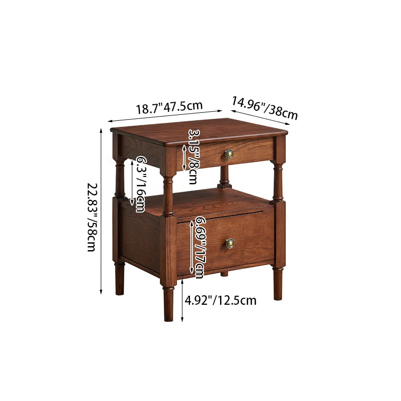 Traditional French Solid Wood Multilayer Board Pine Wood Roman Square Nightstand 2-Drawer For Bedroom