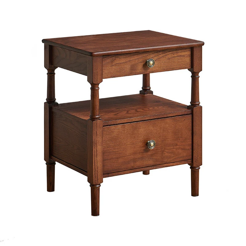 Traditional French Solid Wood Multilayer Board Pine Wood Roman Square Nightstand 2-Drawer For Bedroom