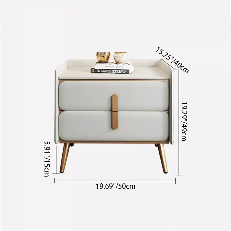 Modern Luxury Solid Wood Multilayer Board Pine Faux Nappa Leather Carbon Steel Rounded Square Nightstand 2 Drawers For Bedroom
