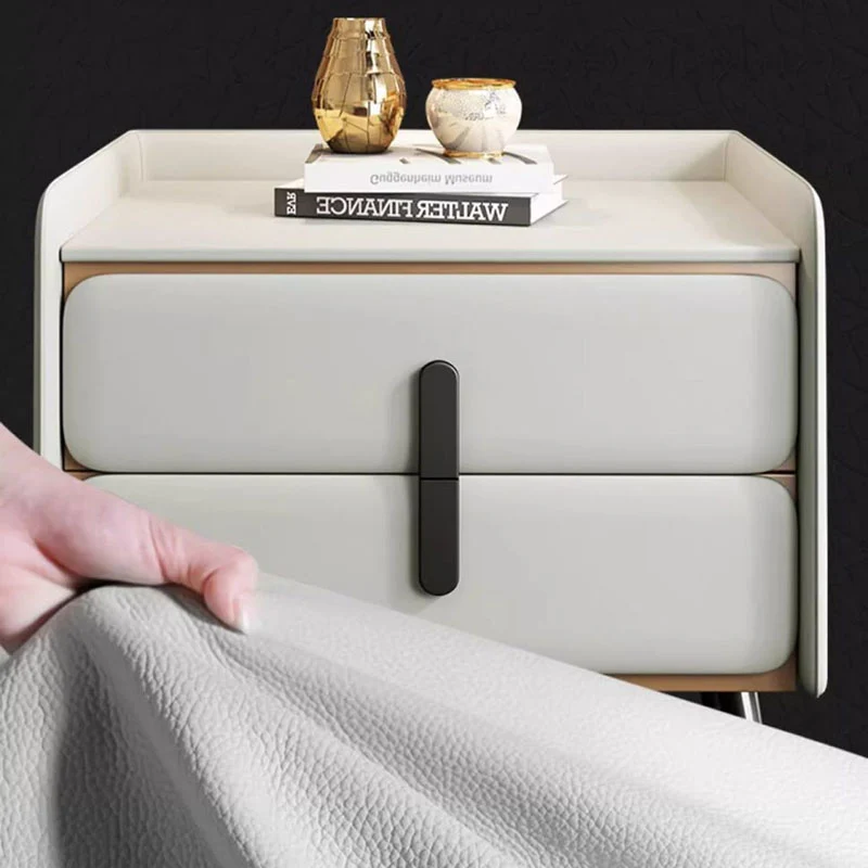 Modern Luxury Solid Wood Multilayer Board Pine Faux Nappa Leather Carbon Steel Rounded Square Nightstand 2 Drawers For Bedroom