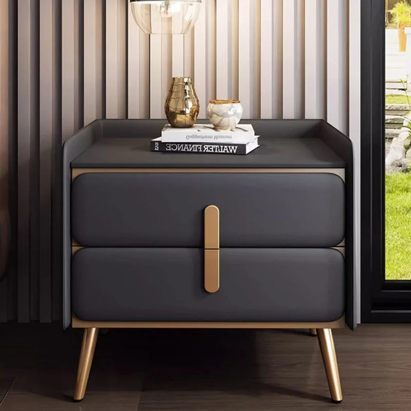 Modern Luxury Solid Wood Multilayer Board Pine Faux Nappa Leather Carbon Steel Rounded Square Nightstand 2 Drawers For Bedroom