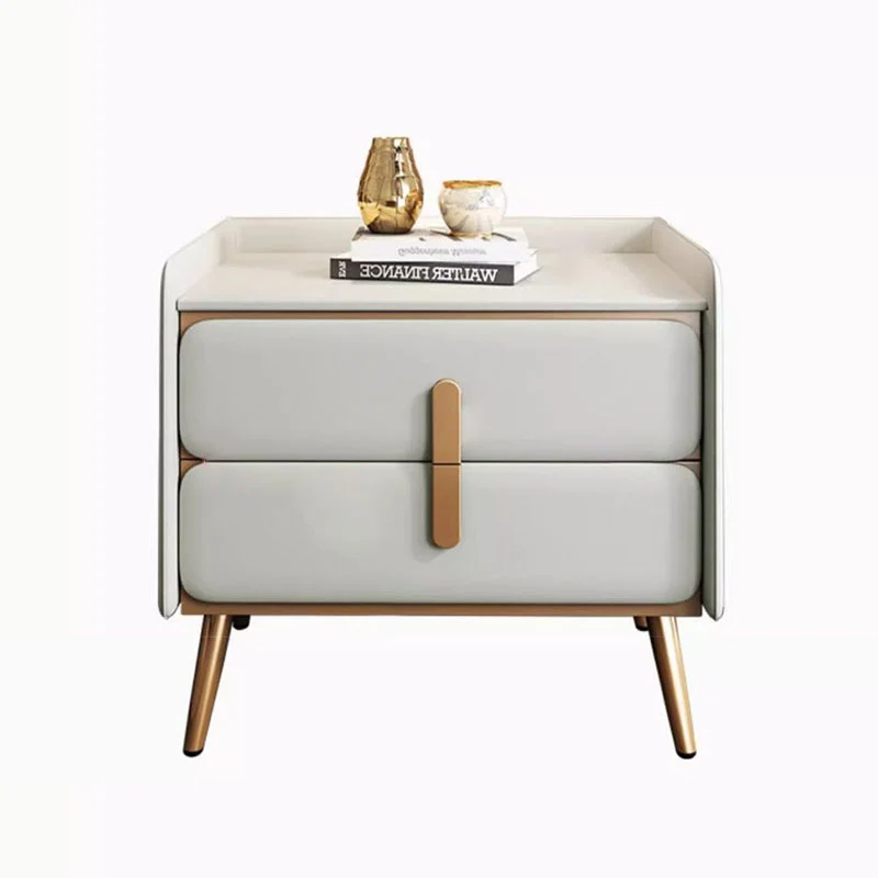 Modern Luxury Solid Wood Multilayer Board Pine Faux Nappa Leather Carbon Steel Rounded Square Nightstand 2 Drawers For Bedroom