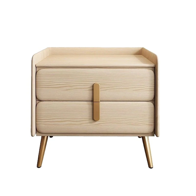 Modern Luxury Solid Wood Multilayer Board Pine Faux Nappa Leather Carbon Steel Rounded Square Nightstand 2 Drawers For Bedroom