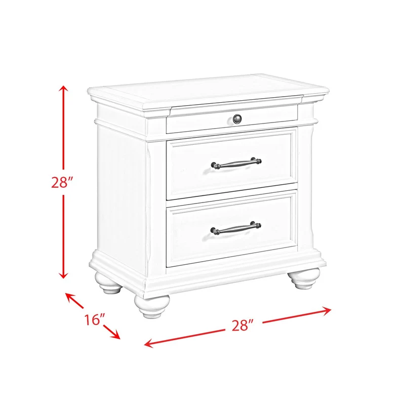 Elements International Slater SR600NS 3-Drawer Nightstand with USB Ports - White