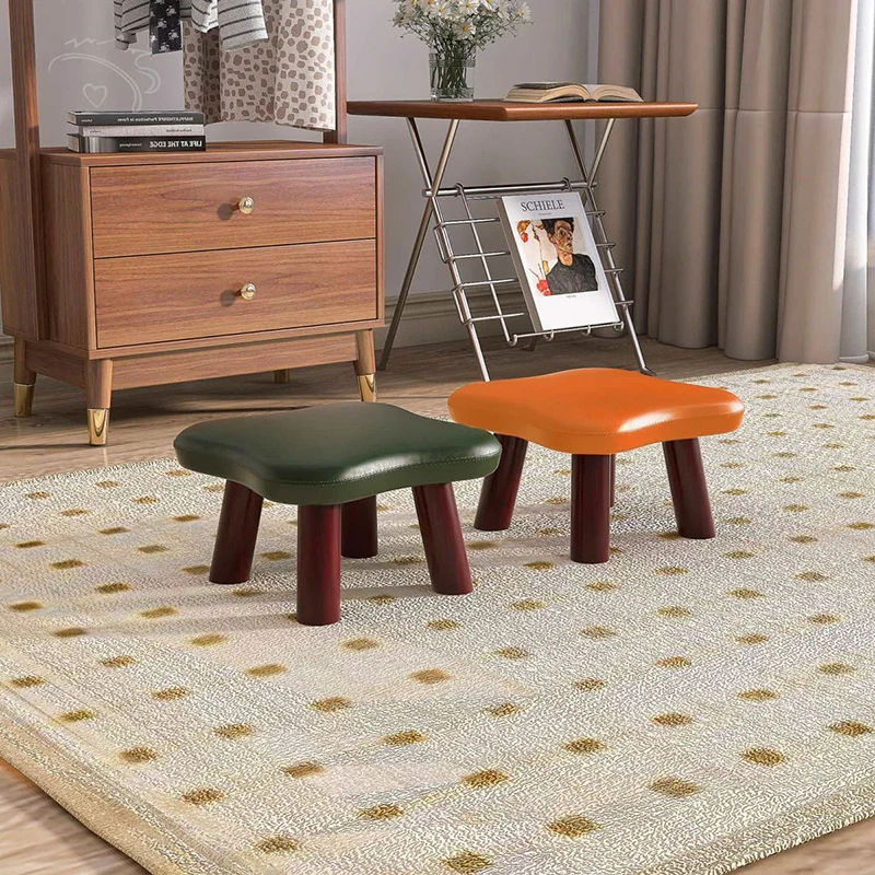 Contemporary Creative Four-Leaf Clover Shape Faux Oil-Waxed Leather Solid Wood Kids Low Stool Backless Armless For Living Room