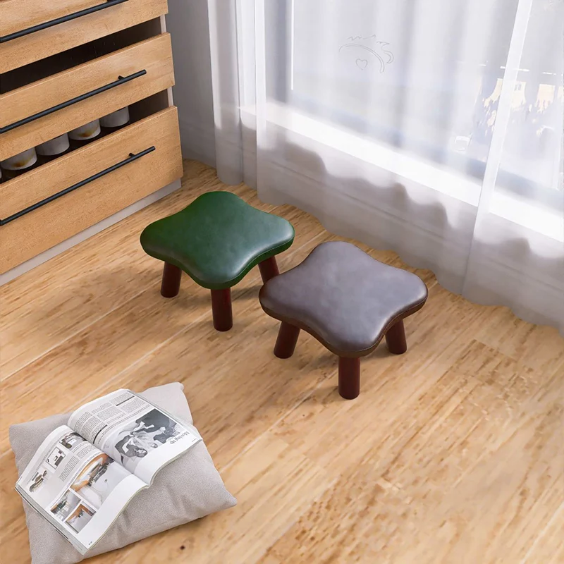 Contemporary Creative Four-Leaf Clover Shape Faux Oil-Waxed Leather Solid Wood Kids Low Stool Backless Armless For Living Room