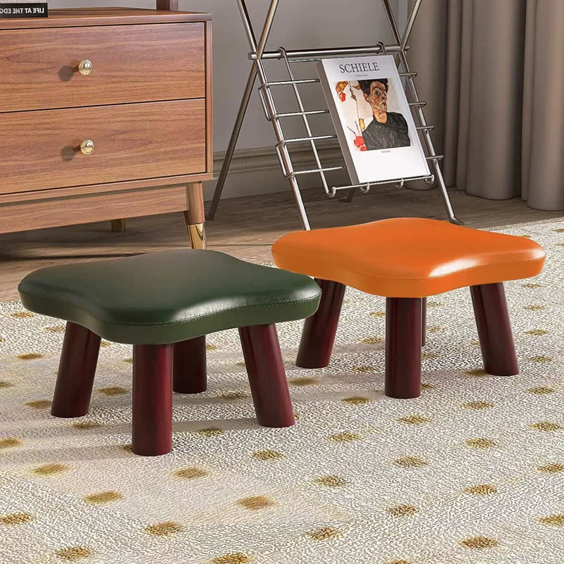 Contemporary Creative Four-Leaf Clover Shape Faux Oil-Waxed Leather Solid Wood Kids Low Stool Backless Armless For Living Room