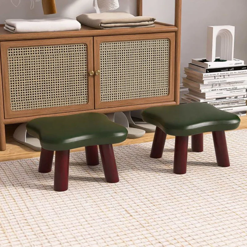 Contemporary Creative Four-Leaf Clover Shape Faux Oil-Waxed Leather Solid Wood Kids Low Stool Backless Armless For Living Room
