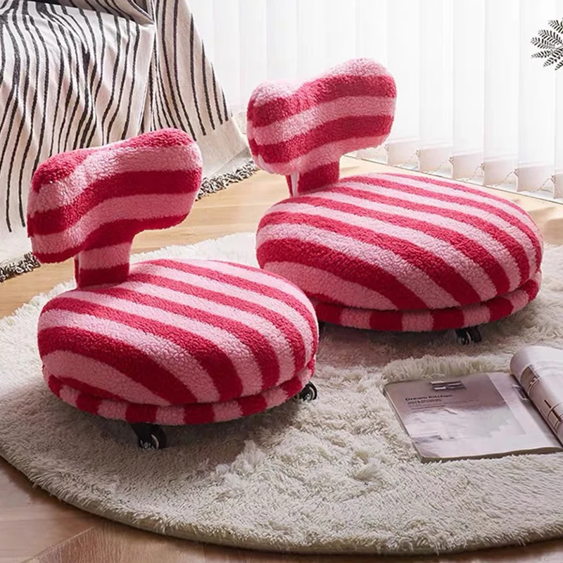 Contemporary Creative Round Bow Sherpa Fabric Iron Swivel Mobile Low Stool Backrest Armless For Living Room