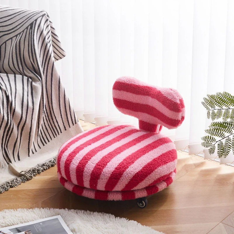 Contemporary Creative Round Bow Sherpa Fabric Iron Swivel Mobile Low Stool Backrest Armless For Living Room