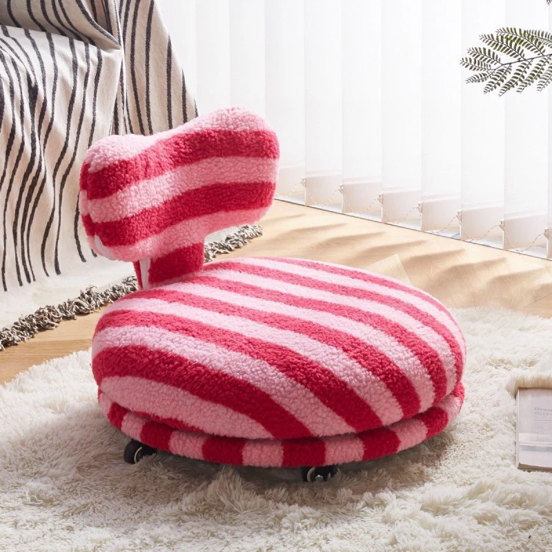 Contemporary Creative Round Bow Sherpa Fabric Iron Swivel Mobile Low Stool Backrest Armless For Living Room