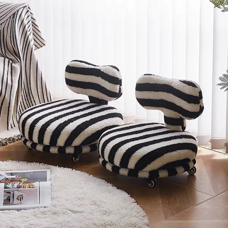 Contemporary Creative Round Bow Sherpa Fabric Iron Swivel Mobile Low Stool Backrest Armless For Living Room