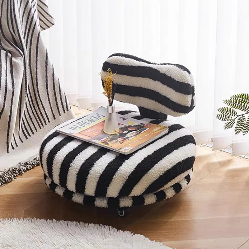 Contemporary Creative Round Bow Sherpa Fabric Iron Swivel Mobile Low Stool Backrest Armless For Living Room