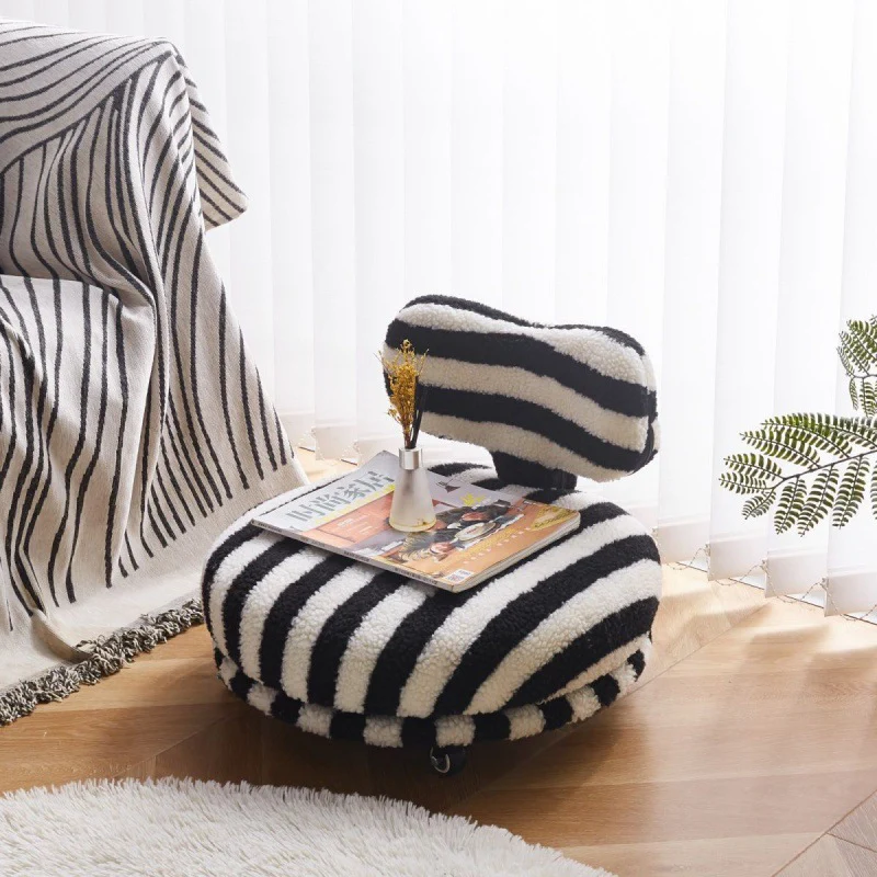 Contemporary Creative Round Bow Sherpa Fabric Iron Swivel Mobile Low Stool Backrest Armless For Living Room