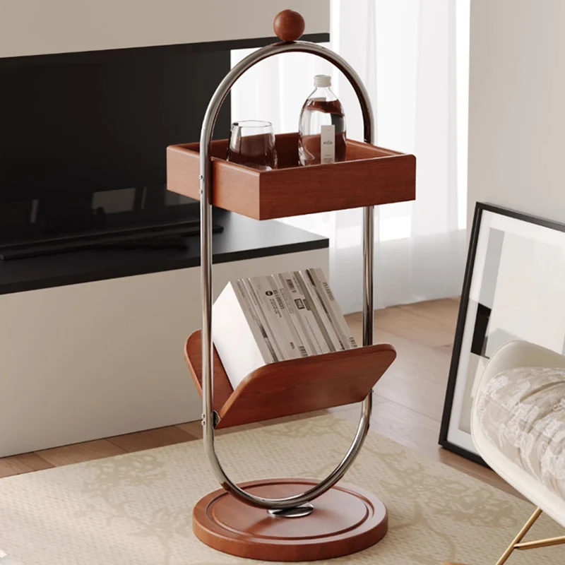 Contemporary Nordic Oval Round Solid Wood Stainless Steel Side Table 2-Tier For Living Room