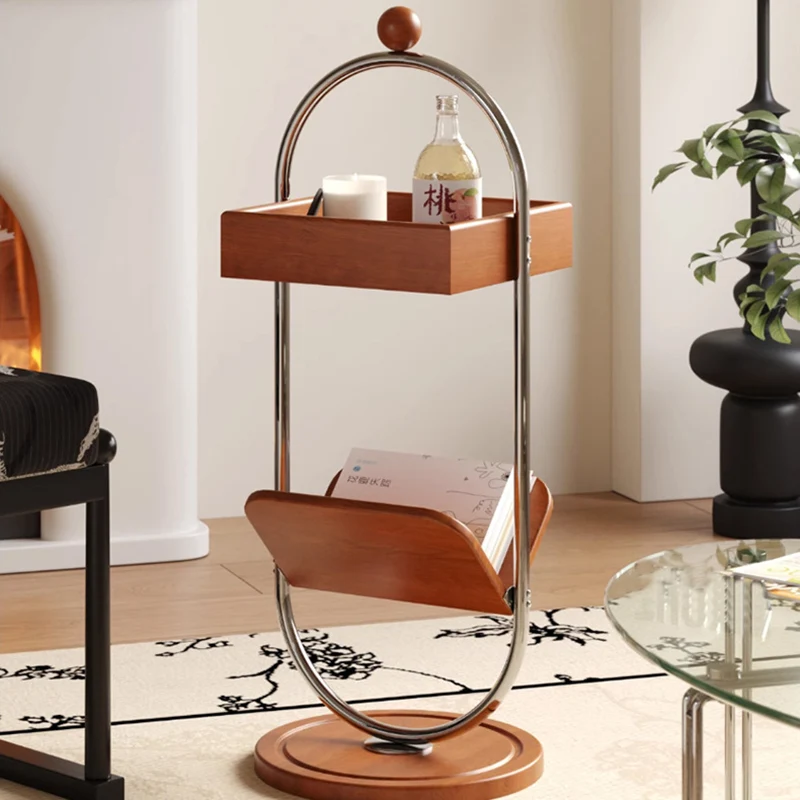 Contemporary Nordic Oval Round Solid Wood Stainless Steel Side Table 2-Tier For Living Room