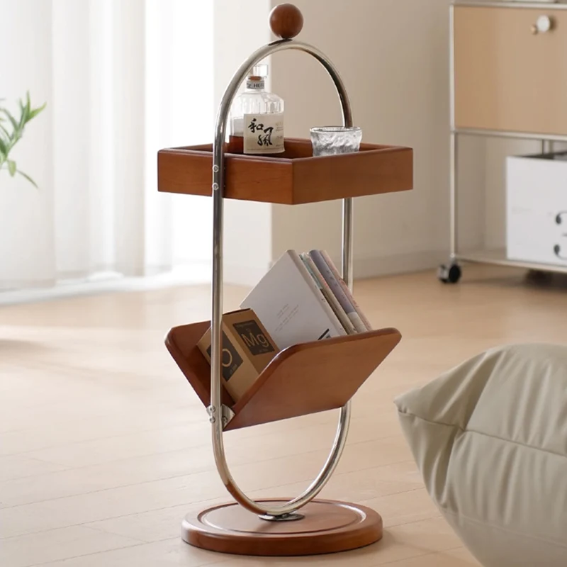 Contemporary Nordic Oval Round Solid Wood Stainless Steel Side Table 2-Tier For Living Room