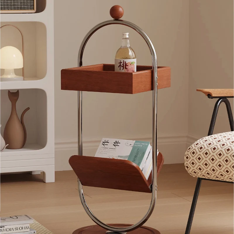 Contemporary Nordic Oval Round Solid Wood Stainless Steel Side Table 2-Tier For Living Room
