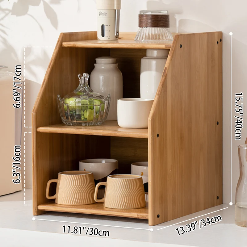 Traditional Vintage Bamboo Rattan Rounded Trapezoid Storage Shelf 2/3-Tier For Living Room