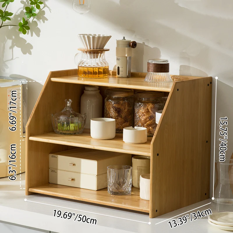 Traditional Vintage Bamboo Rattan Rounded Trapezoid Storage Shelf 2/3-Tier For Living Room