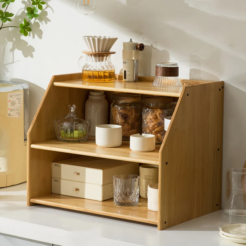 Traditional Vintage Bamboo Rattan Rounded Trapezoid Storage Shelf 2/3-Tier For Living Room