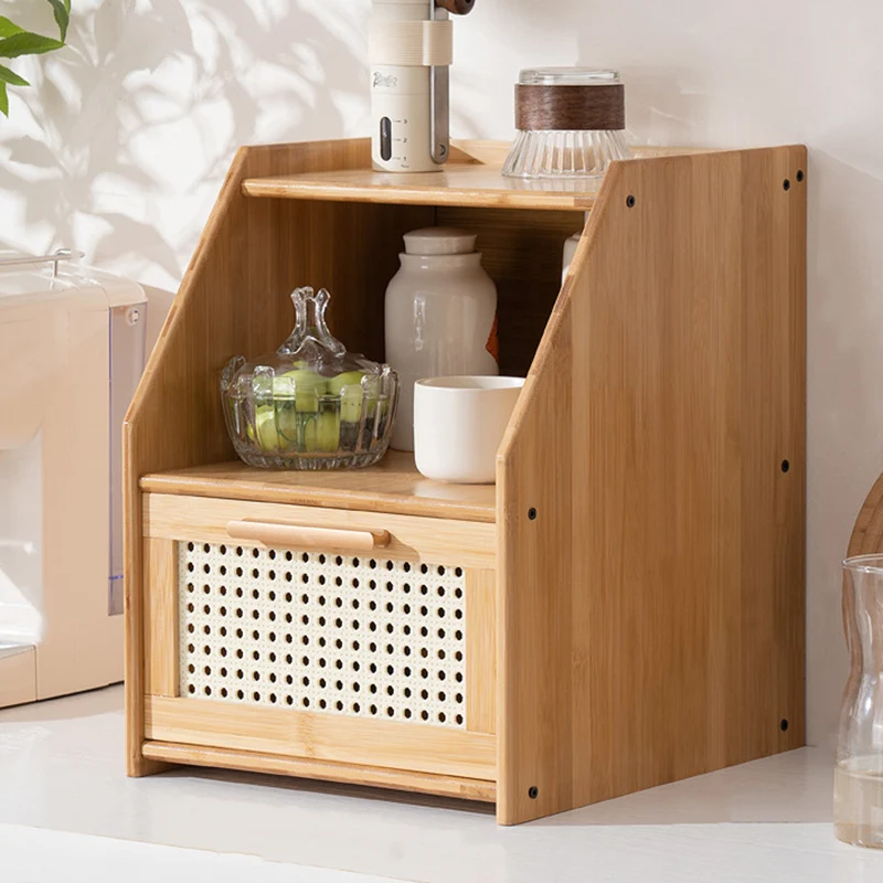 Traditional Vintage Bamboo Rattan Rounded Trapezoid Storage Shelf 2/3-Tier For Living Room