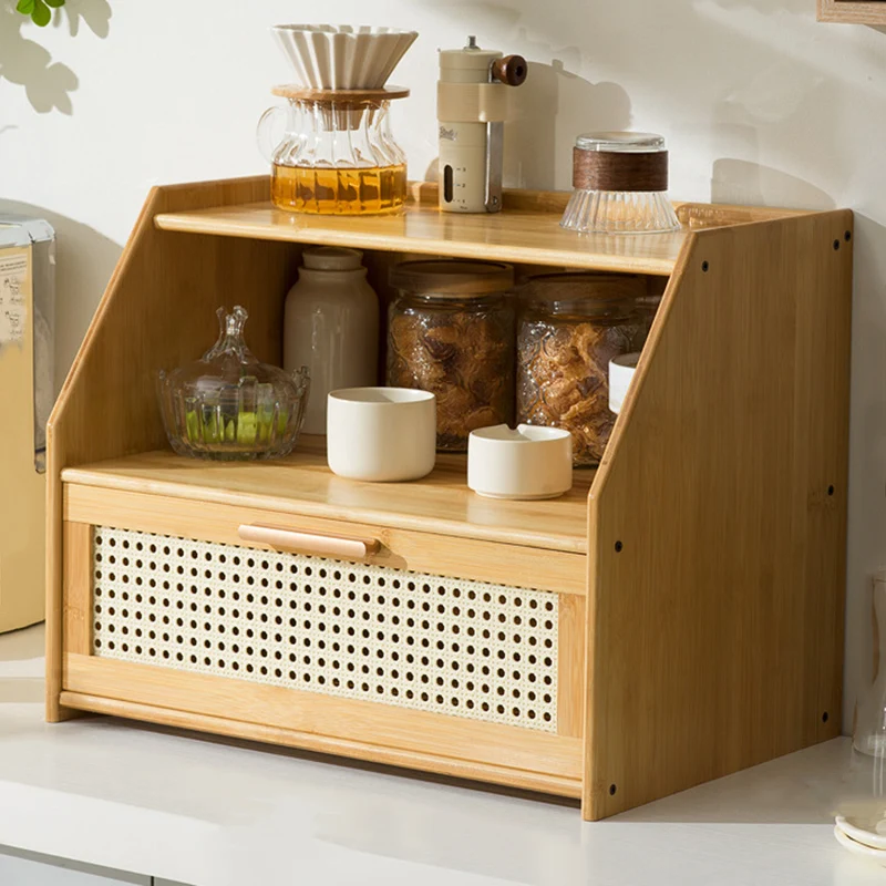 Traditional Vintage Bamboo Rattan Rounded Trapezoid Storage Shelf 2/3-Tier For Living Room