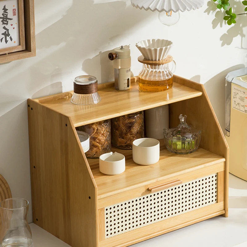 Traditional Vintage Bamboo Rattan Rounded Trapezoid Storage Shelf 2/3-Tier For Living Room