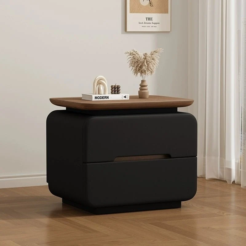 Contemporary Creative Solid Wood Plywood Faux Leather Rounded Square Nightstand 2-Drawer Bedroom
