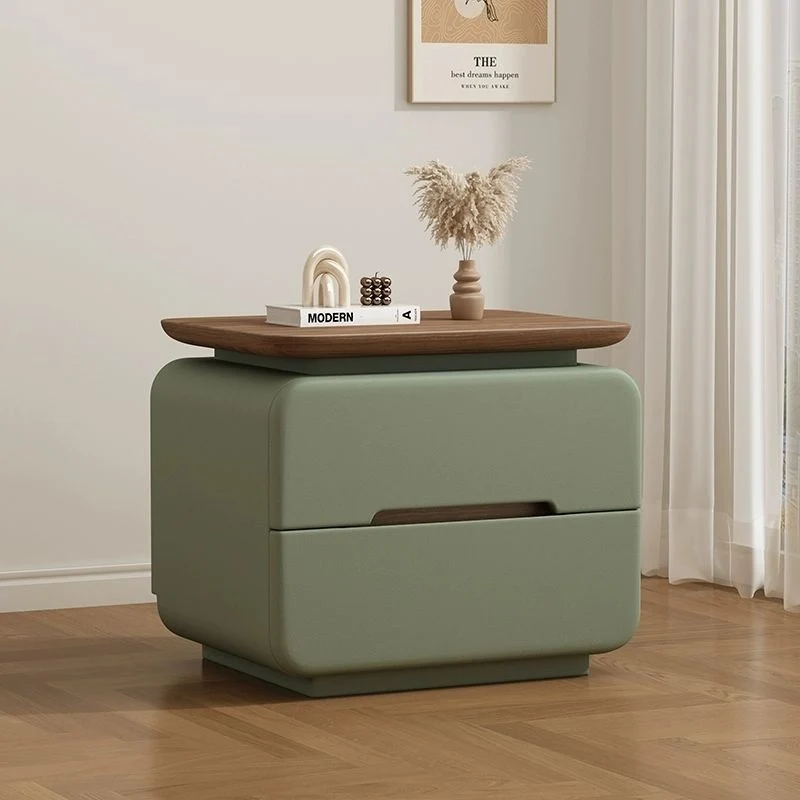 Contemporary Creative Solid Wood Plywood Faux Leather Rounded Square Nightstand 2-Drawer Bedroom