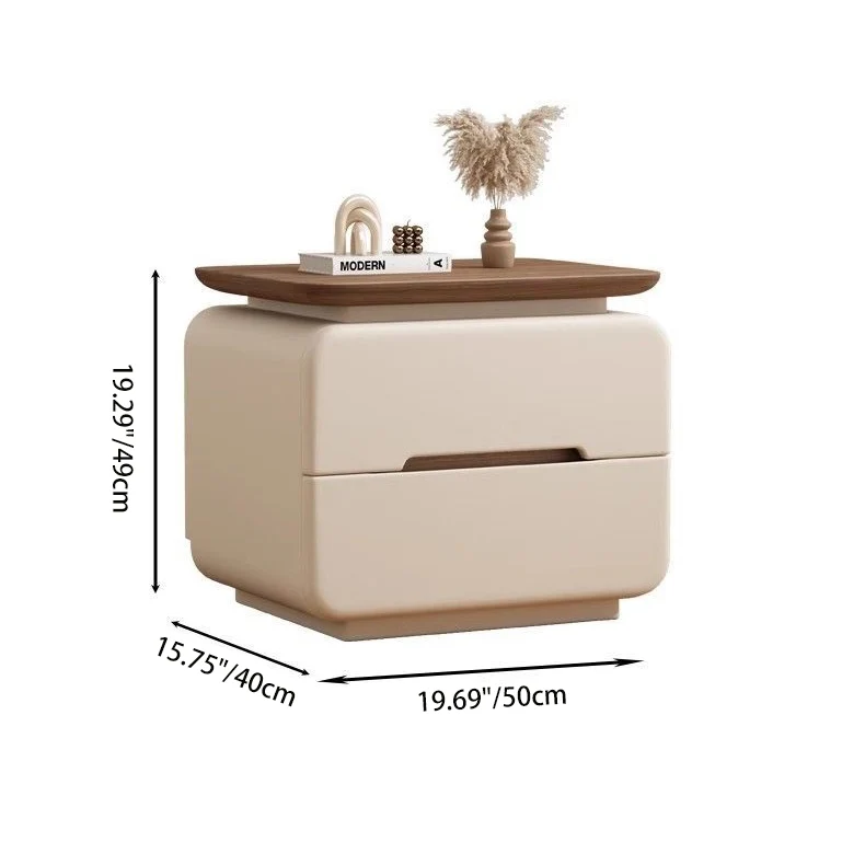 Contemporary Creative Solid Wood Plywood Faux Leather Rounded Square Nightstand 2-Drawer Bedroom