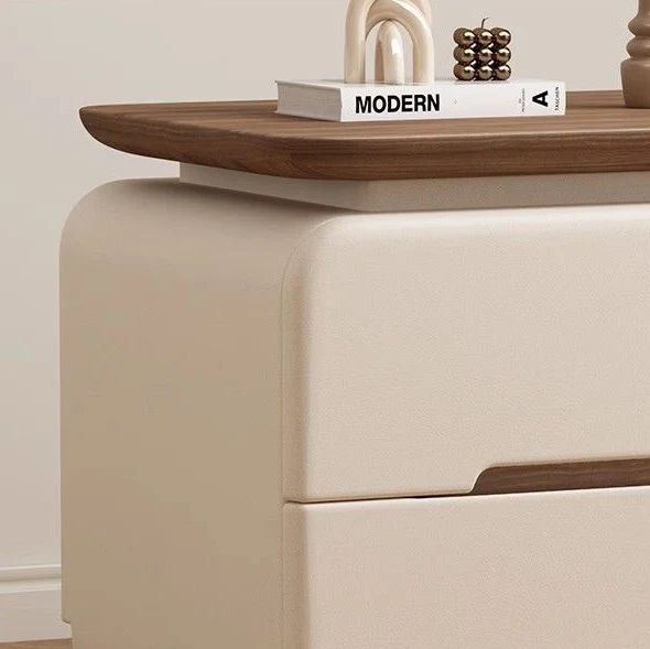 Contemporary Creative Solid Wood Plywood Faux Leather Rounded Square Nightstand 2-Drawer Bedroom