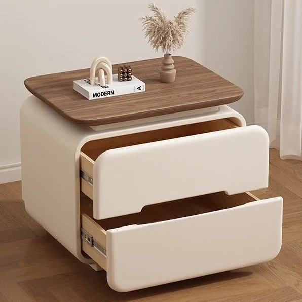 Contemporary Creative Solid Wood Plywood Faux Leather Rounded Square Nightstand 2-Drawer Bedroom