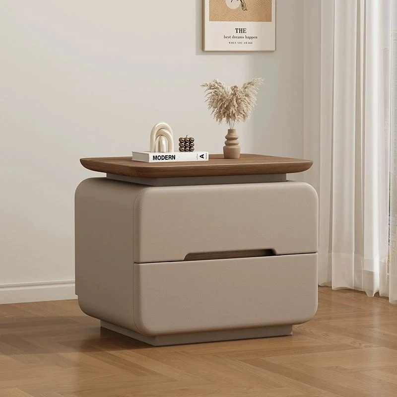 Contemporary Creative Solid Wood Plywood Faux Leather Rounded Square Nightstand 2-Drawer Bedroom