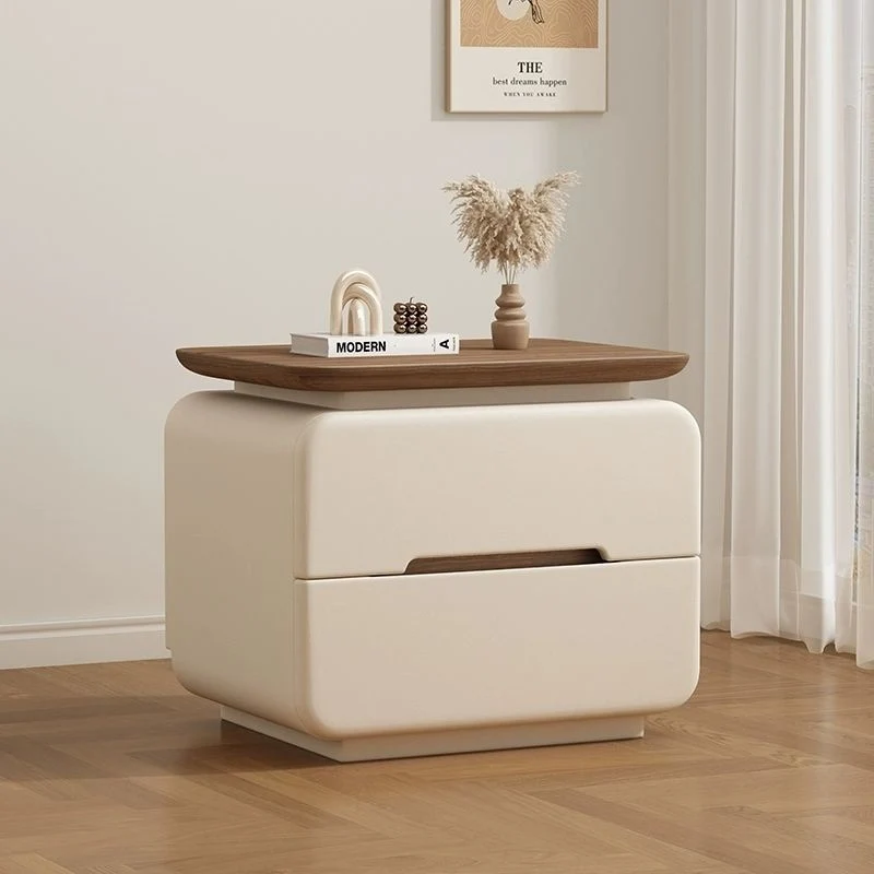 Contemporary Creative Solid Wood Plywood Faux Leather Rounded Square Nightstand 2-Drawer Bedroom