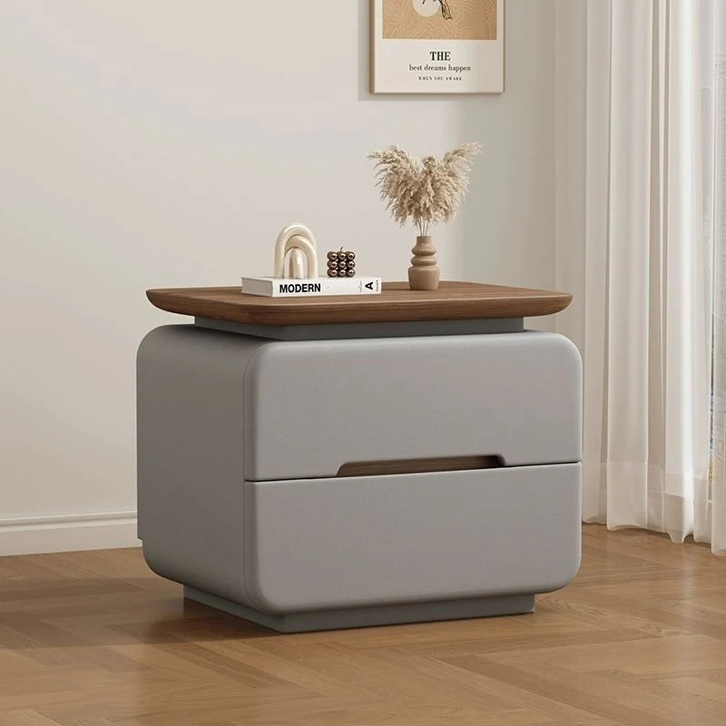 Contemporary Creative Solid Wood Plywood Faux Leather Rounded Square Nightstand 2-Drawer Bedroom