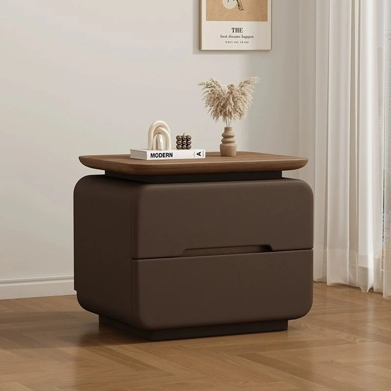 Contemporary Creative Solid Wood Plywood Faux Leather Rounded Square Nightstand 2-Drawer Bedroom