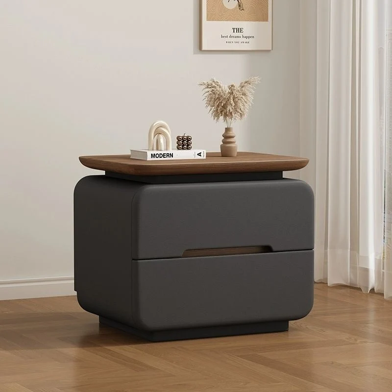 Contemporary Creative Solid Wood Plywood Faux Leather Rounded Square Nightstand 2-Drawer Bedroom