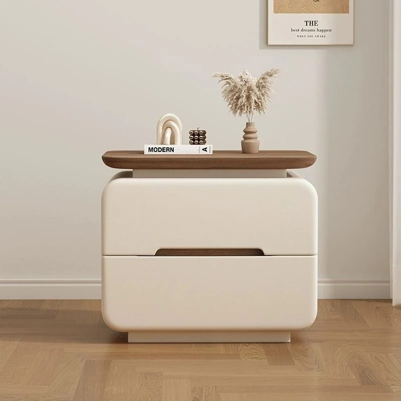 Contemporary Creative Solid Wood Plywood Faux Leather Rounded Square Nightstand 2-Drawer Bedroom