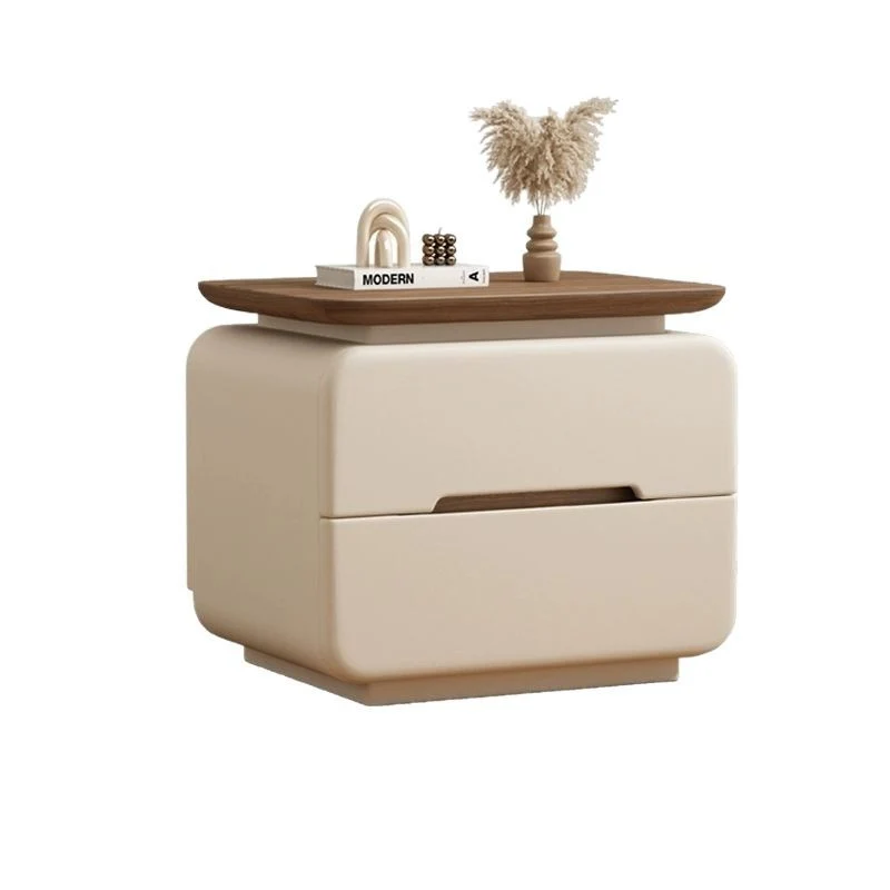Contemporary Creative Solid Wood Plywood Faux Leather Rounded Square Nightstand 2-Drawer Bedroom