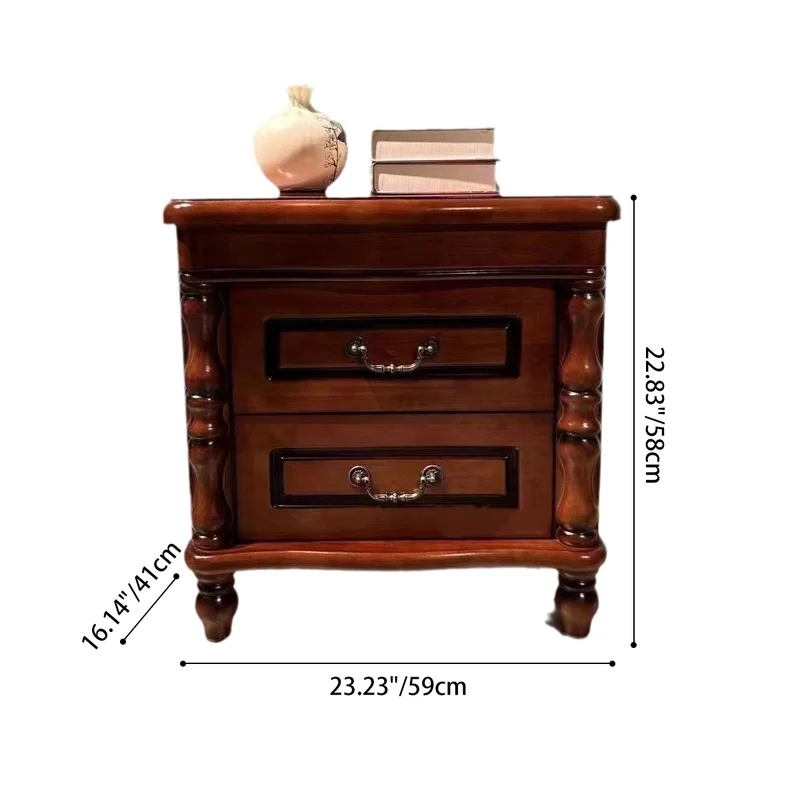 Traditional Chinese Rubberwood Solid Wood Plywood Fluted Square Nightstand With 2 Drawers For Bedroom