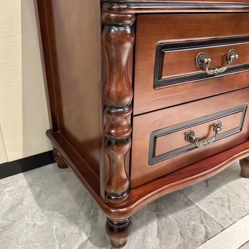 Traditional Chinese Rubberwood Solid Wood Plywood Fluted Square Nightstand With 2 Drawers For Bedroom