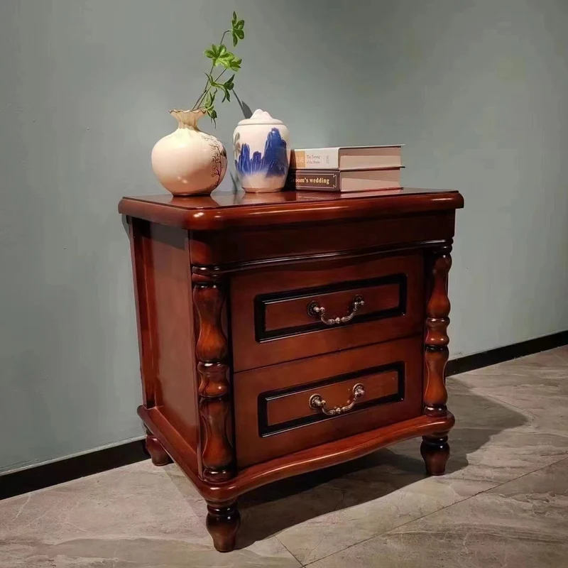Traditional Chinese Rubberwood Solid Wood Plywood Fluted Square Nightstand With 2 Drawers For Bedroom