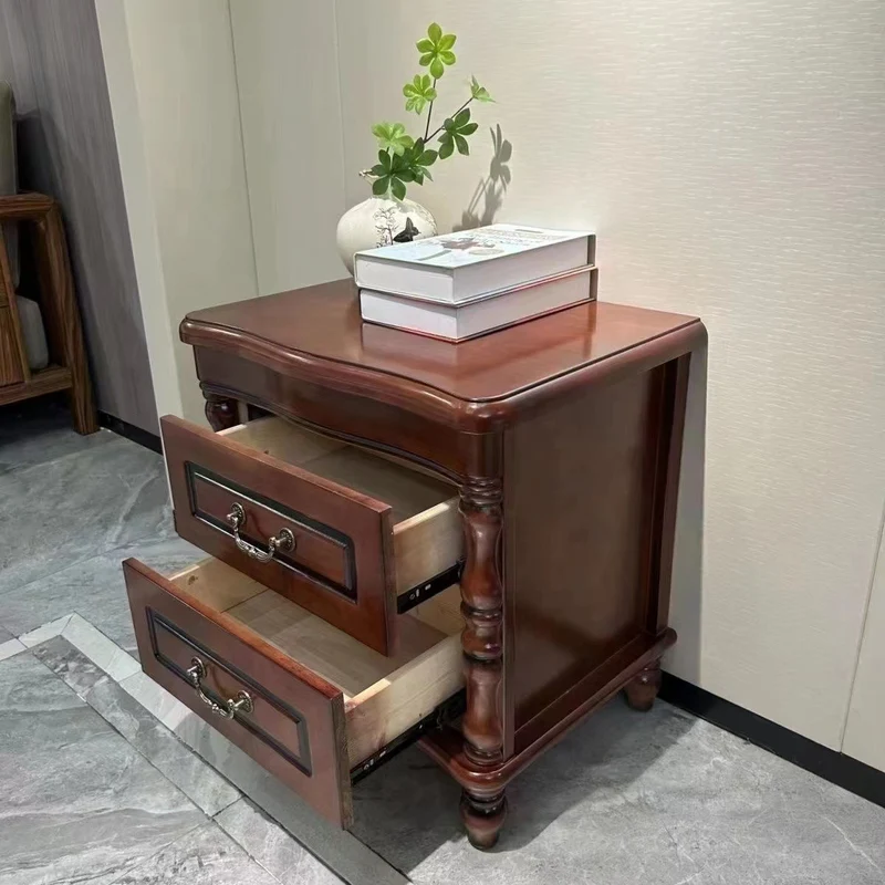 Traditional Chinese Rubberwood Solid Wood Plywood Fluted Square Nightstand With 2 Drawers For Bedroom