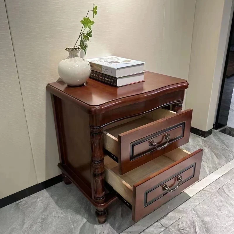Traditional Chinese Rubberwood Solid Wood Plywood Fluted Square Nightstand With 2 Drawers For Bedroom