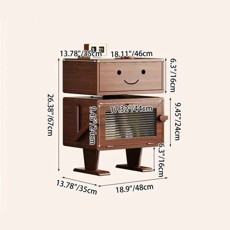 Contemporary Creative Red Oak Wood Glass Metal Robot Side Table Nightstand With Rotating Head For Bedroom