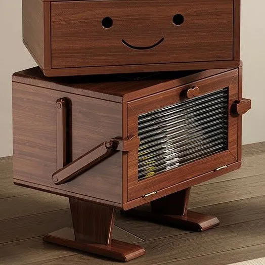 Contemporary Creative Red Oak Wood Glass Metal Robot Side Table Nightstand With Rotating Head For Bedroom