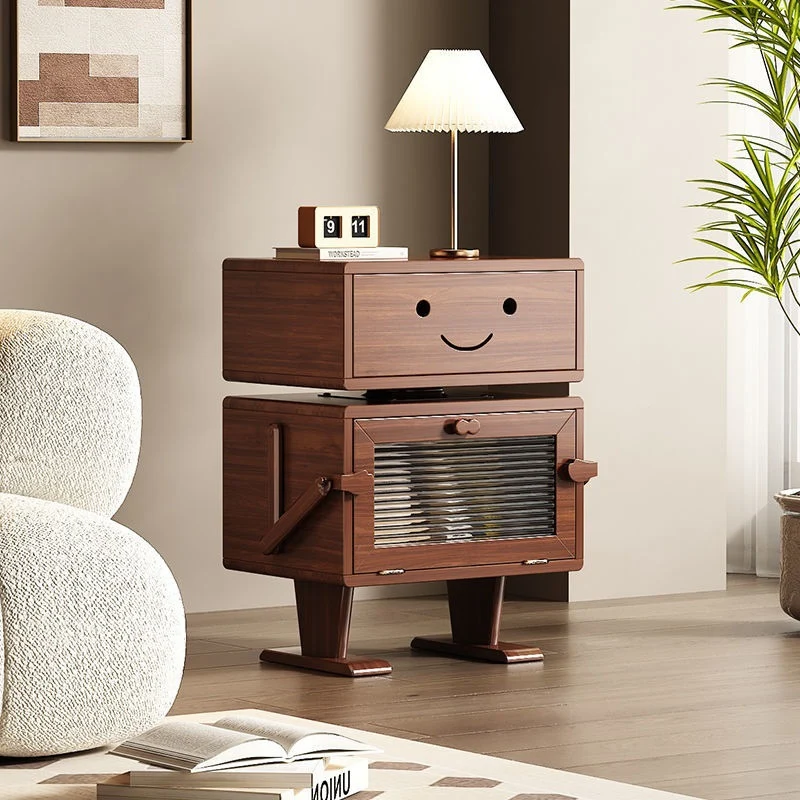 Contemporary Creative Red Oak Wood Glass Metal Robot Side Table Nightstand With Rotating Head For Bedroom