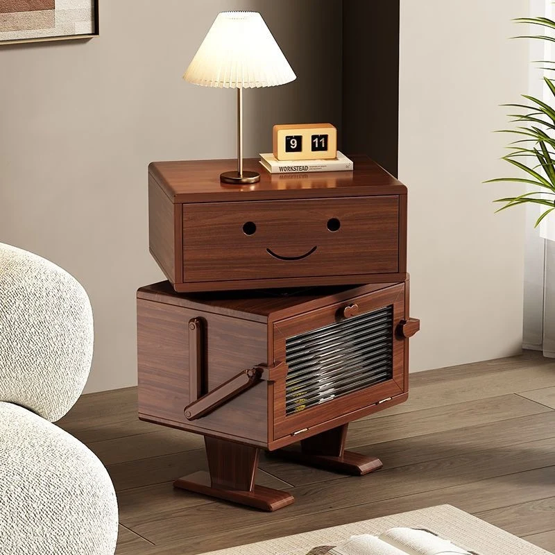 Contemporary Creative Red Oak Wood Glass Metal Robot Side Table Nightstand With Rotating Head For Bedroom
